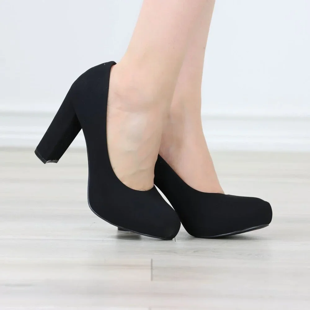 Black Block Heel Pumps Closed Toe Slip On High Heel Classic Style - Picture 2 of 12